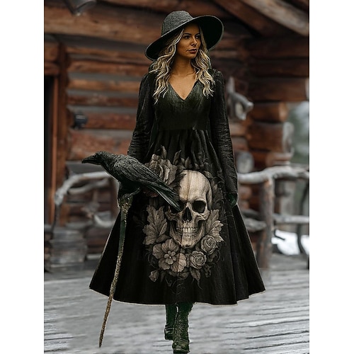  Женское Макси Платье А-силуэта Отпуск Повседневное Бохо Пляж Обычная Посадка Графика Черепа Быка Длинный Рукав V-образный Вырез Черный Вино Темно-серый Весна Осень