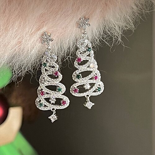  1 par de pendientes de árbol de Navidad con diamantes de imitación y cinta de aleación con piedras preciosas multicolores bañadas en UV, pendientes festivos de moda para mujer, perfectos para uso