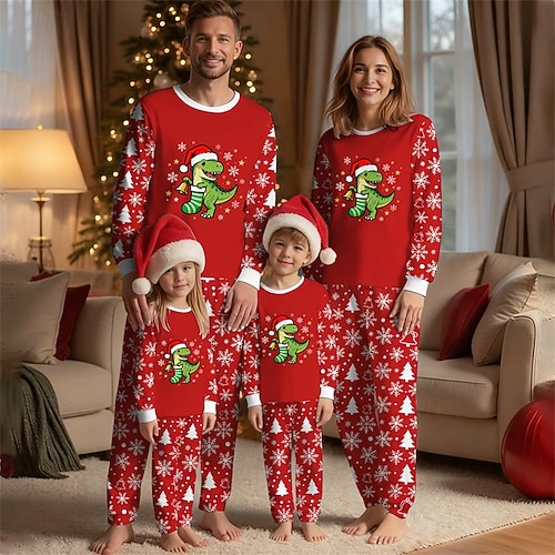 Familie Uite Crăciun Pijamale de familie de Crăciun Pijamale Seturi de familie Grafic Dinozaur Fulg zăpadă Casă Imprimeu Roșu-aprins Manșon Lung Zilnic Tinute potrivite