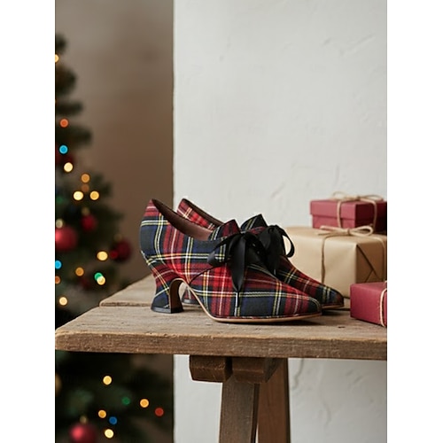  Escarpins vintage à carreaux rouges style édouardien des années 1920 pour femmes avec nœud en satin noir – chaussures de Noël rétro élégantes pour les occasions festives et les fêtes