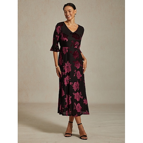 Sukienka midi z weluru dla kobiet sukienka w kształcie litery A elegancka na urodziny na koktajlową imprezę dla gościa weselnego welurowa codzienna regularny krój kwiatowa pół rękaw dekolt w  Sukienka midi z weluru dla kobiet sukienka w kształcie litery A elegancka na urodziny na koktajlową imprezę dla gościa weselnego welurowa codzienna regularny krój kwiatowa pół rękaw dekolt w