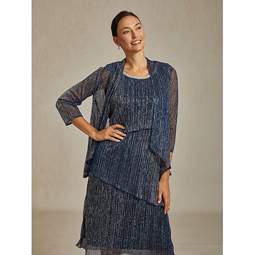  Women's Evening Tops Solid Color Stylish Romantic Wedding 3/4 Length Sleeve Wedding Guest Evening Party Business Attire Pleated Layered Metallic Navy Blue Summer Spring Fall Winter