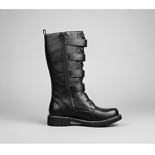 Men's Knee High Boots with Multi Buckle Straps and Lace-Up Design