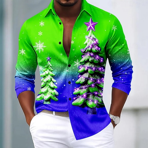  Jul Herr Julgran Snöflinga Gradientfärg Skjorta Satinskjorta Långärmad Mode Casual Utomhus Fest Helgdag Vår Höst Nedvikt 3D-utskrift Skjortor med knappar Blå Grön Ljusblå Rosenröd