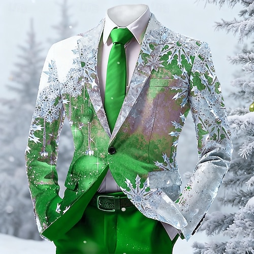  Новогодняя тематика Муж. В снежинку Пиджак Удобный Художественный На каждый день Вечерние наряды Повседневные фестиваль 3D печать Пуговицы Весна Осень Зима Острый Длинный рукав Черный Красный Синий