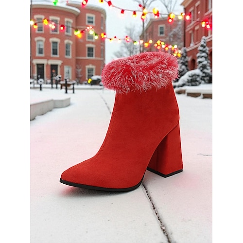 Women's Red Suede Ankle Boots with Faux Fur Cuff, Chunky Block