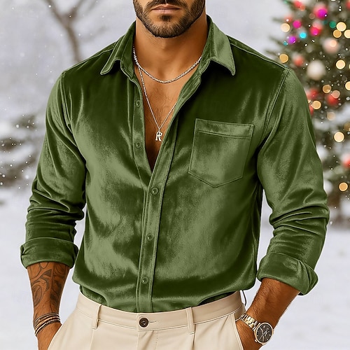 christmas green dress shirt Men's Casual Shirt Shirt Velvet Shirt Wine Royal Blue Brown Long Sleeve Solid Color Plain Shirt Collar Carnival Christmas Pocket Clothing Apparel Velvet Christmas Elegant Warm 2026 This colorful shirt has