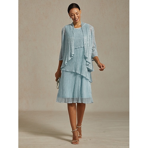  Dame Midikjole Skiftkjole Plissert kjole Grime kjole Elegant Fest Formelt Fest Bryllupsgjest Cocktailfest Normal Helfarge Ermeløs Crew-hals Himmelblå Sommer Vår Høst Vinter