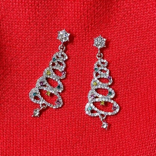  1 par de pendientes de árbol de Navidad con diamantes de imitación y cinta de aleación con piedras preciosas multicolores bañadas en UV, pendientes festivos de moda para mujer, perfectos para uso