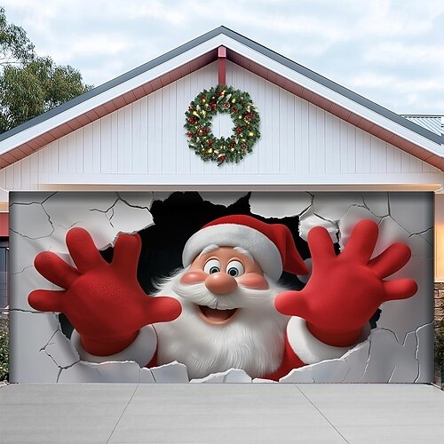  כיסוי לדלת מוסך לחג המולד, סנטה קלאוס פורץ דרך קיר, רקע תלת מימד גדול, קישוט מסיבה עונתי לחג המולד, חג המולד, ברכה לחצר ביתית
