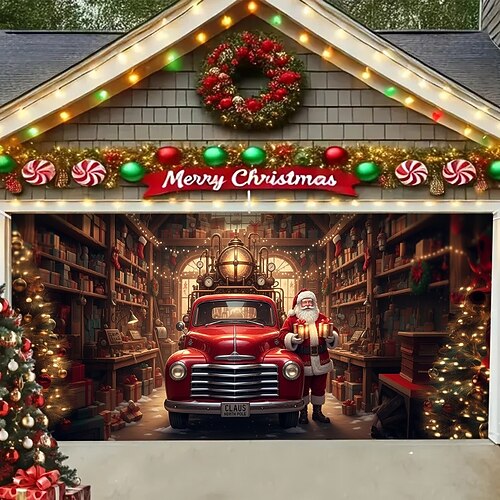 Bannière De Porte De Garage Noël 2,4x2,1 M - Père Noël Et Rennes Avec Cadeaux, Décoration Extérieure Résistante