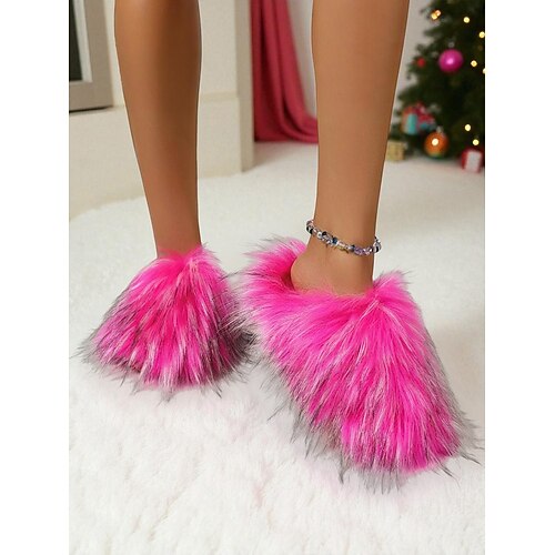  женские красные пушистые тапочки, плюшевые меховые домашние тапочки без застежек, удобная обувь для отдыха дома, Рождества и отдыха