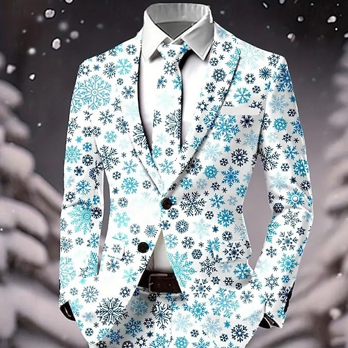  Муж. Блейзер Пальто Рождество Повседневные фестиваль На каждый день Наступила зима 100% полиэстер В снежинку 3D печать Пуговицы Сохраняет тепло Удобный Однобортный крой Блейзер