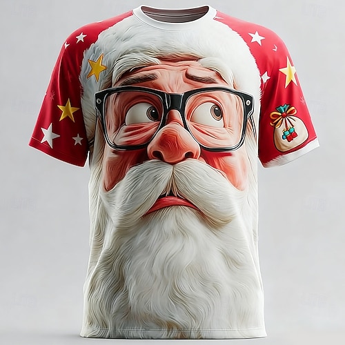  Новогодняя тематика Муж. Дед Мороз 3D в мультяшном стиле Футболка С короткими рукавами Футболка 3D печать Вырез под горло Рубашка Повседневные Оригинальный рисунок Художественный