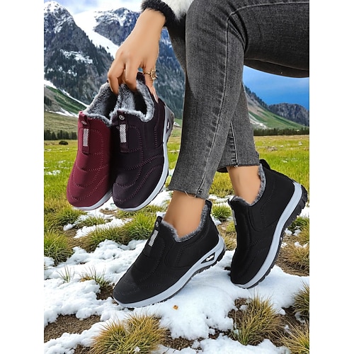  женские бордовые зимние туфли без застежек с отделкой из искусственного меха, уютные ботильоны для холодной погоды, идеально подходят для Рождества, праздничного шопинга и повседневных прогулок