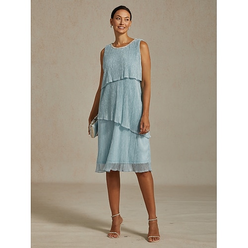  Dame Midikjole Skiftkjole Plissert kjole Grime kjole Elegant Fest Formelt Fest Bryllupsgjest Cocktailfest Normal Helfarge Ermeløs Crew-hals Himmelblå Sommer Vår Høst Vinter