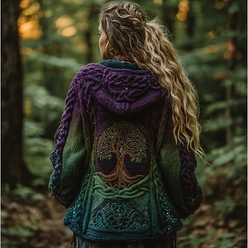  Γυναικεία Ζακέτα Καθημερινά Καθημερινό Γραφική Γεωμετρικό Κοτλέ Με Κουκούλα Κουρελού Τσέπη Κουμπιά Μακρυμάνικο Μακριές μπλούζες Πλέκω ΕΞΩΤΕΡΙΚΟΥ ΧΩΡΟΥ Σαββατοκύριακο Μαύρο Βυσσινί Φθινόπωρο Χειμώνας