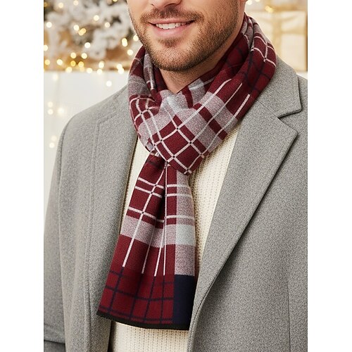 Heren Gebreide Sjaal voor Winter Herfst 6% Wol Sjaal Casual Business Eenvoudig Chique Gentleman 180 x 30 cm - A04 Geruit Zwart Rood
