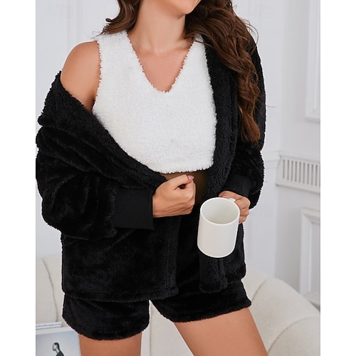  Damskie Odzież domowa Flanela Ciepłe Moda Czyste kolory Elastyczny pas Krótkie spodnie Urlop Dom Ulica Długi rękaw W serek Czarny Jesień Zima Regularny