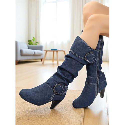  Botas femininas jeans de cano alto com fivela e salto cone, botas retrô casuais estilo western para uso diário &roupas de rua