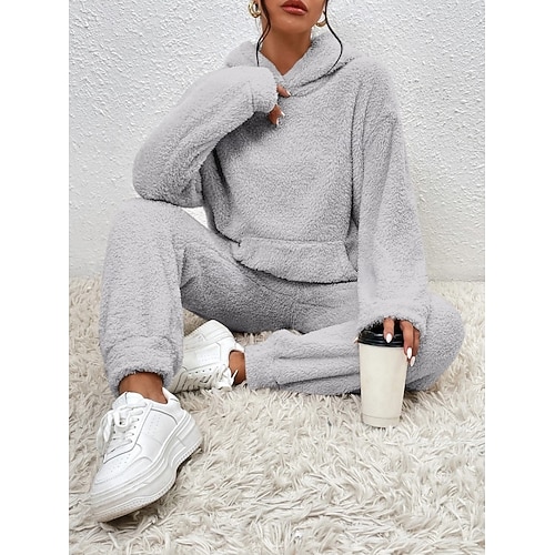 Women's Pajama Set Casual Comfort Pure Color Elastic Waist T Shirt Pant Home Daily Long Sleeve Crew Neck Black White Pink Blue Beige Spring Fall Winter Regular Fit