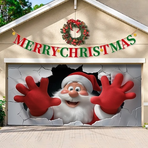  כיסוי לדלת מוסך לחג המולד, סנטה קלאוס פורץ דרך קיר, רקע תלת מימד גדול, קישוט מסיבה עונתי לחג המולד, חג המולד, ברכה לחצר ביתית