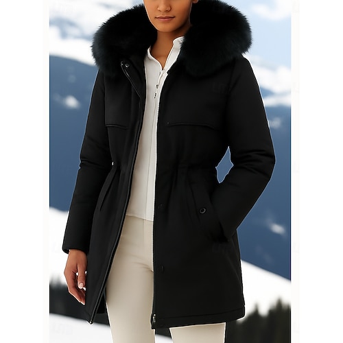  Women's Parka Comfortable Breathable Zipper Pocket Fur Collar Casual Plain Vacation Street Casual Daily Wear Single Breasted Regular Hooded Regular Fit Long Sleeve Outerwear Black Blue Green Spring