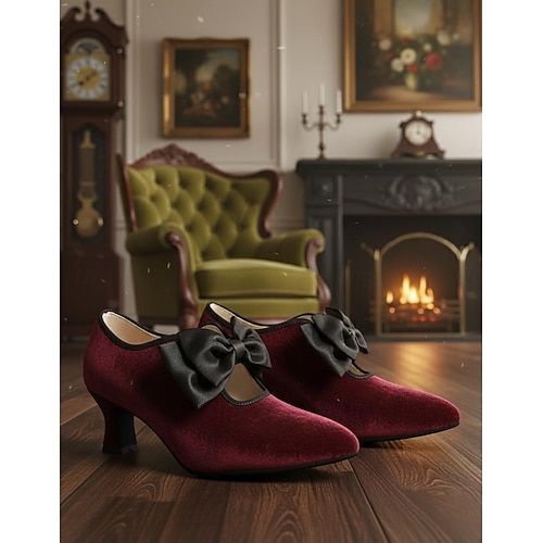  Pantofi cu toc kitten din catifea neagră pentru femei cu fundă neagră - pantofi cu toc vintage în stil victorian pentru doamne, perfecți pentru nunți, petreceri gatsby &ținute formale de seară