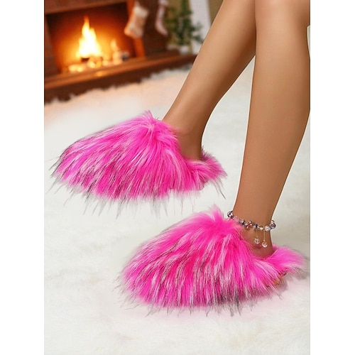  женские красные пушистые тапочки, плюшевые меховые домашние тапочки без застежек, удобная обувь для отдыха дома, Рождества и отдыха