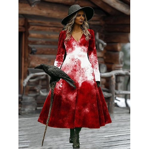  Женское миди платье А-силуэта отпуск повседневное бохо пляжное обычной посадки графическое абстрактное с длинным рукавом V-образным вырезом белое тёмно-красное вино коричневое весна осень зима