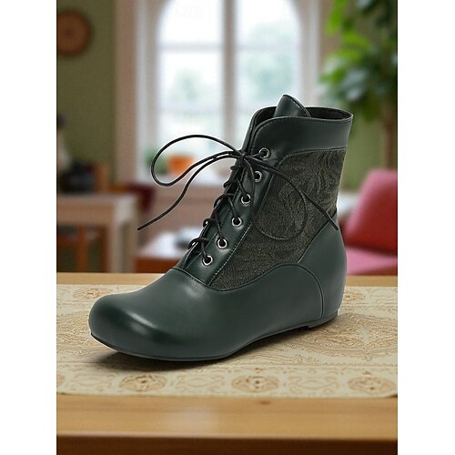 Women's Brown Faux Leather & Fabric Hidden Wedge Lace-Up Ankle Boots, Victorian Lady Vintage Shoes for Retro Outfits, Cosplay & Daily Wear