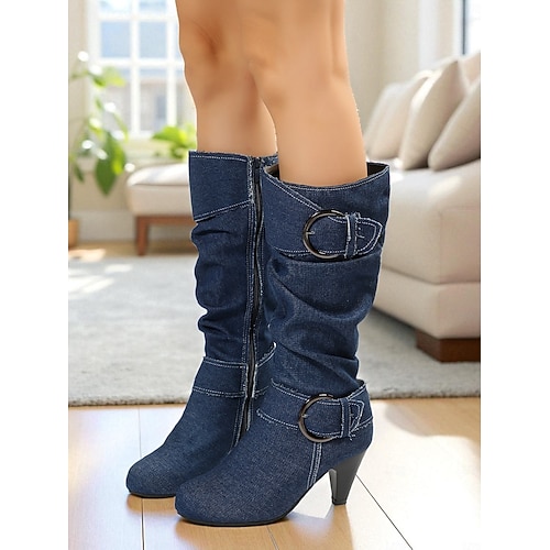  Botas femininas jeans de cano alto com fivela e salto cone, botas retrô casuais estilo western para uso diário &roupas de rua