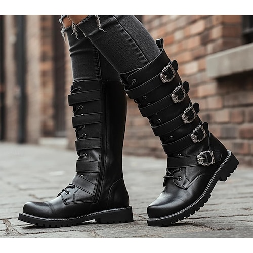 ぬ　multi-buckle stitched boots punk Men's Knee High Boots with Multi Buckle Straps and Lace-Up Design