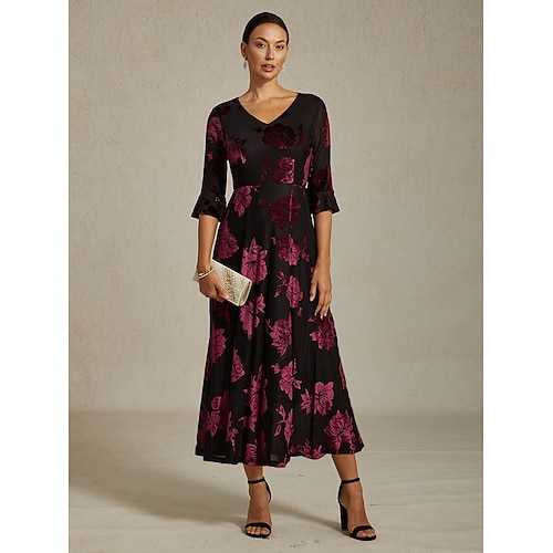 Sukienka midi z weluru dla kobiet sukienka w kształcie litery A elegancka na urodziny na koktajlową imprezę dla gościa weselnego welurowa codzienna regularny krój kwiatowa pół rękaw dekolt w  Sukienka midi z weluru dla kobiet sukienka w kształcie litery A elegancka na urodziny na koktajlową imprezę dla gościa weselnego welurowa codzienna regularny krój kwiatowa pół rękaw dekolt w