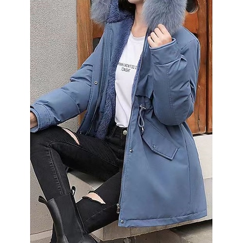  Women's Parka Comfortable Breathable Zipper Pocket Fur Collar Casual Plain Vacation Street Casual Daily Wear Single Breasted Regular Hooded Regular Fit Long Sleeve Outerwear Black Blue Green Spring