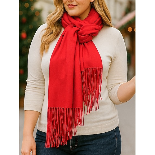 Écharpe de Noël en cachemire pour femme, châle d'hiver doux en imitation cachemire avec pompons, écharpe chaude de couleur unie pour les vacances, l'extérieur et le quotidien