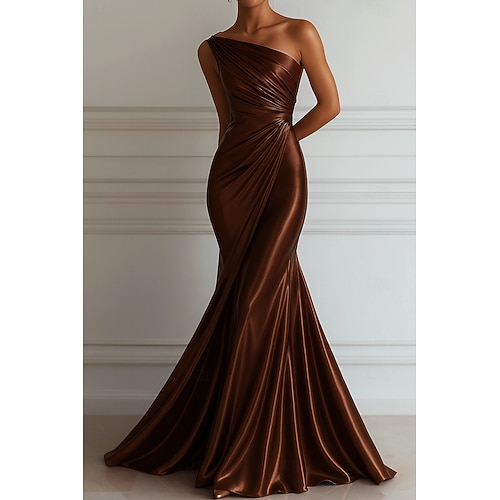 שמלת ערב מימית/חצוצרה אלגנטית שמלת חתונה פורמלית בגובה הרצפה ללא שרוולים בשכם אחת בצבע סטן מתוח עם קפלים שמלת ערב מימית/חצוצרה אלגנטית שמלת חתונה פורמלית בגובה הרצפה ללא שרוולים בשכם אחת בצבע סטן מתוח עם קפלים