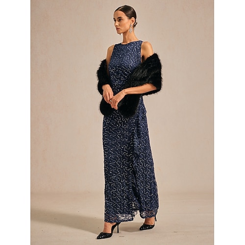  Femmes Robe maxi Robe fourreau Élégant robe demoiselle d honneur Soirée Coupe régulière Couleur Unie Sans manches Col ras du cou bleu marine Printemps Automne