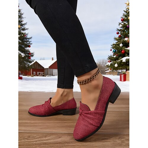Women's Red Bow Low Heel Moccasin Loafers  Elegant Tweed Slip-On Dress  Shoes, Comfortable Winter Fashion Footwear for Christmas, Work and Daily  Outfits 2026 - $21.99