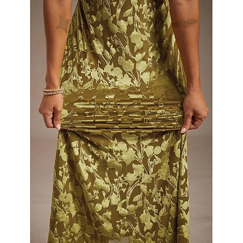  レディース マキシドレス Aラインドレス ベルベット エレガント パーティー ウェディング ゲスト 花柄 リーフ ハーフスリーブ Vネック エメラルドグリーン 春 秋 冬