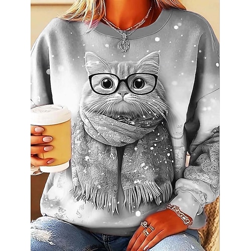  女性用 スウェットシャツ グラフィック 動物 猫 カジュアル 長袖 クルーネック レギュラートップス ストリート 日常着 カジュアル プリント ピンク パープル カーキ色 グレー 春 秋 冬