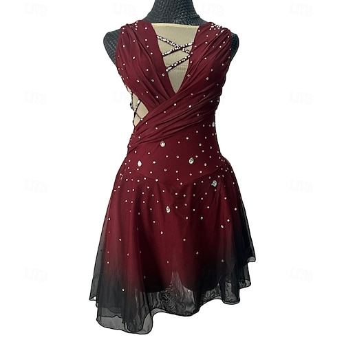 Figure Skating Dress Women's Girls' Ice Skating Dress Burgundy Patchwork  Open Back Mesh Spandex Stretchy Training Practice Professional Skating Wear  Thermal Warm Crystal / Rhinestone Sleeveless Ice 2026 - $274.09