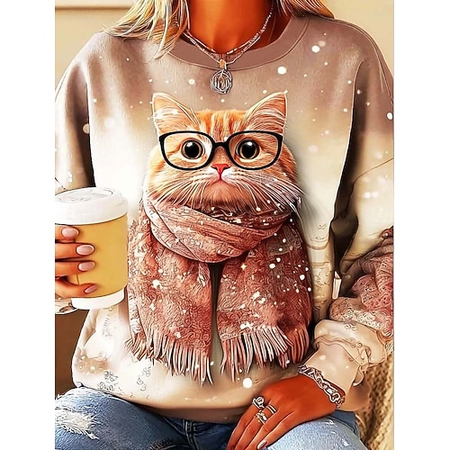  女性用 スウェットシャツ グラフィック 動物 猫 カジュアル 長袖 クルーネック レギュラートップス ストリート 日常着 カジュアル プリント ピンク パープル カーキ色 グレー 春 秋 冬