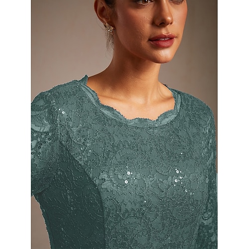  Dámské midi šaty šifonové šaty krajkové šaty flitry elegantní svatební host koktejlové párty čajový dýchánek jednobarevné 3/4 rukávy kulatý výstřih smaragdově zelené léto jaro podzim zima