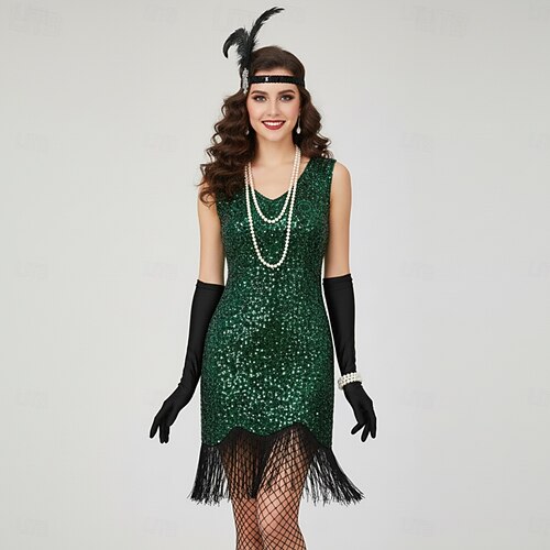 Set Roaring 20s 1920s Knee Length Flapper Dress Outfits Prom Dress with Accessories Sleeveless The Great Gatsby Wedding Guest Sequins Tassel Fringe