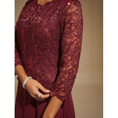  Dames Halflange jurk Chiffon jurk A lijn jurk Elegant Bruiloft gast Avond Feest Effen Kleur 3/4 mouw Strakke ronde hals Wijn Lente Herfst Winter