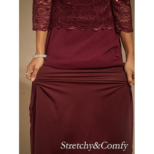  Dames Halflange jurk Chiffon jurk A lijn jurk Elegant Bruiloft gast Avond Feest Effen Kleur 3/4 mouw Strakke ronde hals Wijn Lente Herfst Winter