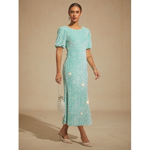  Women's Midi Dress Trumpet Mermaid Dress Elegant Puff Sleeve Party Sequin Half Sleeve Crew Neck Sage Green Spring Fall Winter