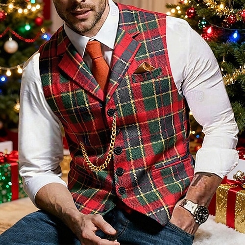  Pánské Kamizelka Vesta Vánoce Dovolená Párty Vánoce Módní Podzim Zima Kapsy Knoflíky Polyester Pohodlné Pléd Jednořadové sako s jedním knoflíkem Klopa Běžný Tmavě červená Rubínově červená Vesta
