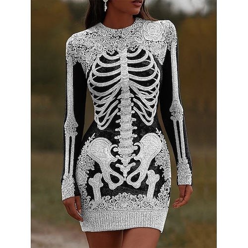  Dame Mini kjole Genserkjole Ferie Fritid Bohem Daglig Ferie Ut på byen Tynn Grafisk Hodeskaller Langermet Crew-hals Svart Hvit Oransje Høst Vinter